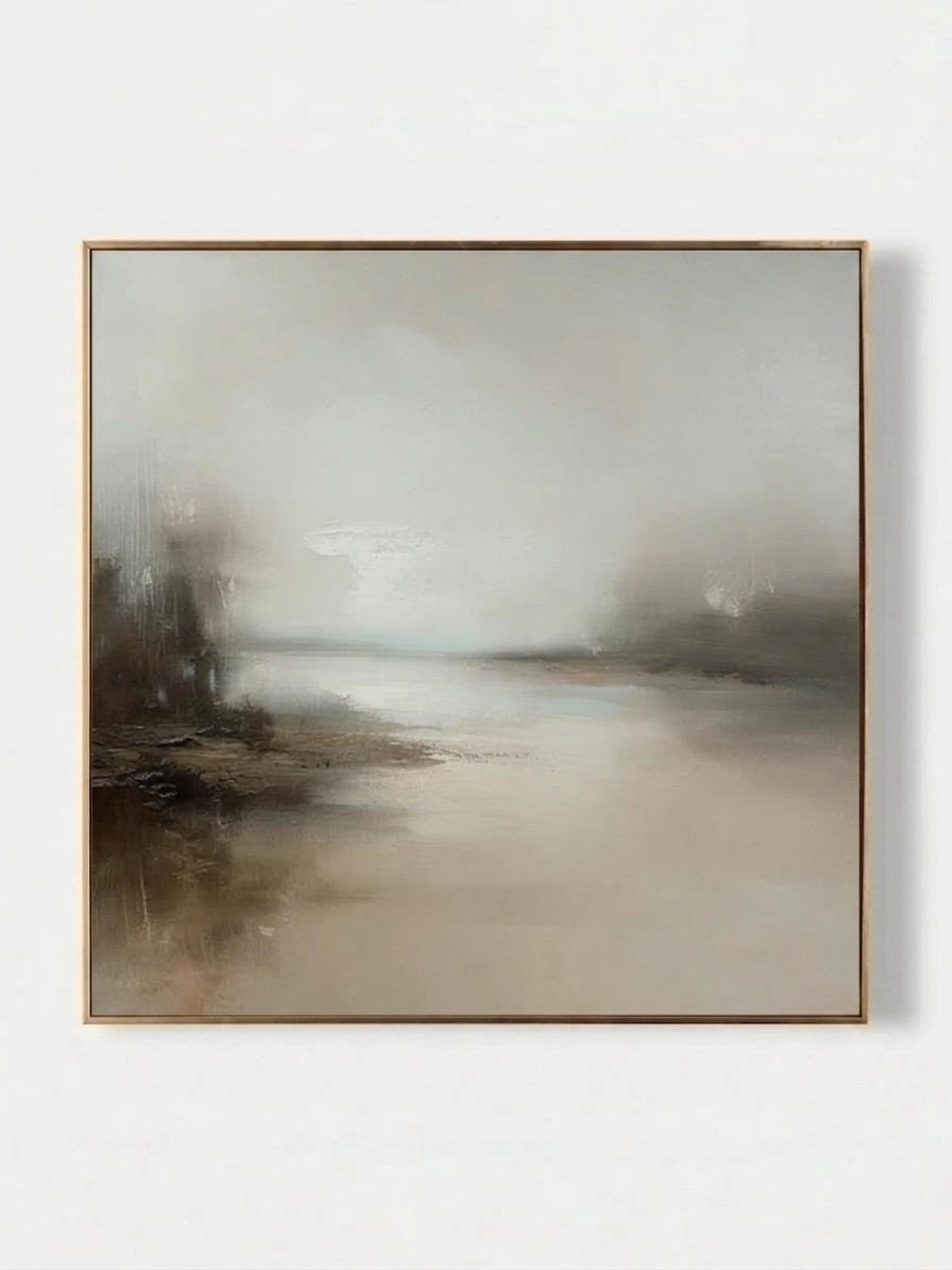 Minimalist Abstract Misty Lake Landscape Painting