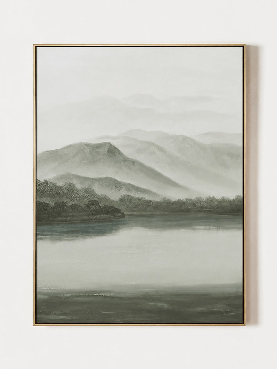 Minimalist Landscape Wall Art, Misty Green Mountains