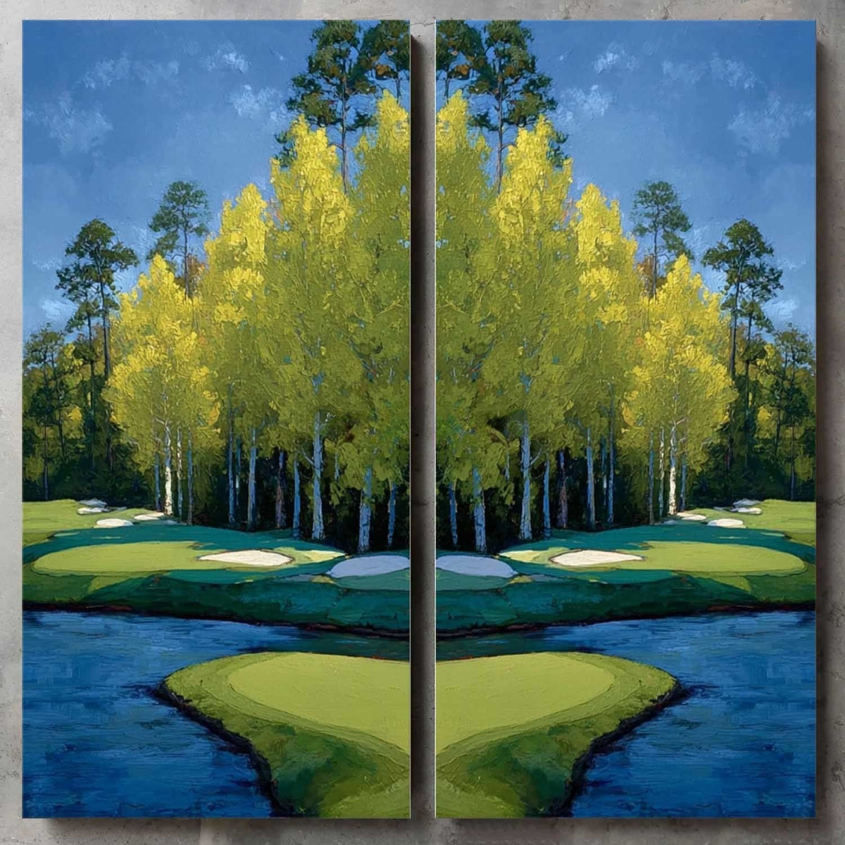 Green de golf reflejado bajo árboles dorados