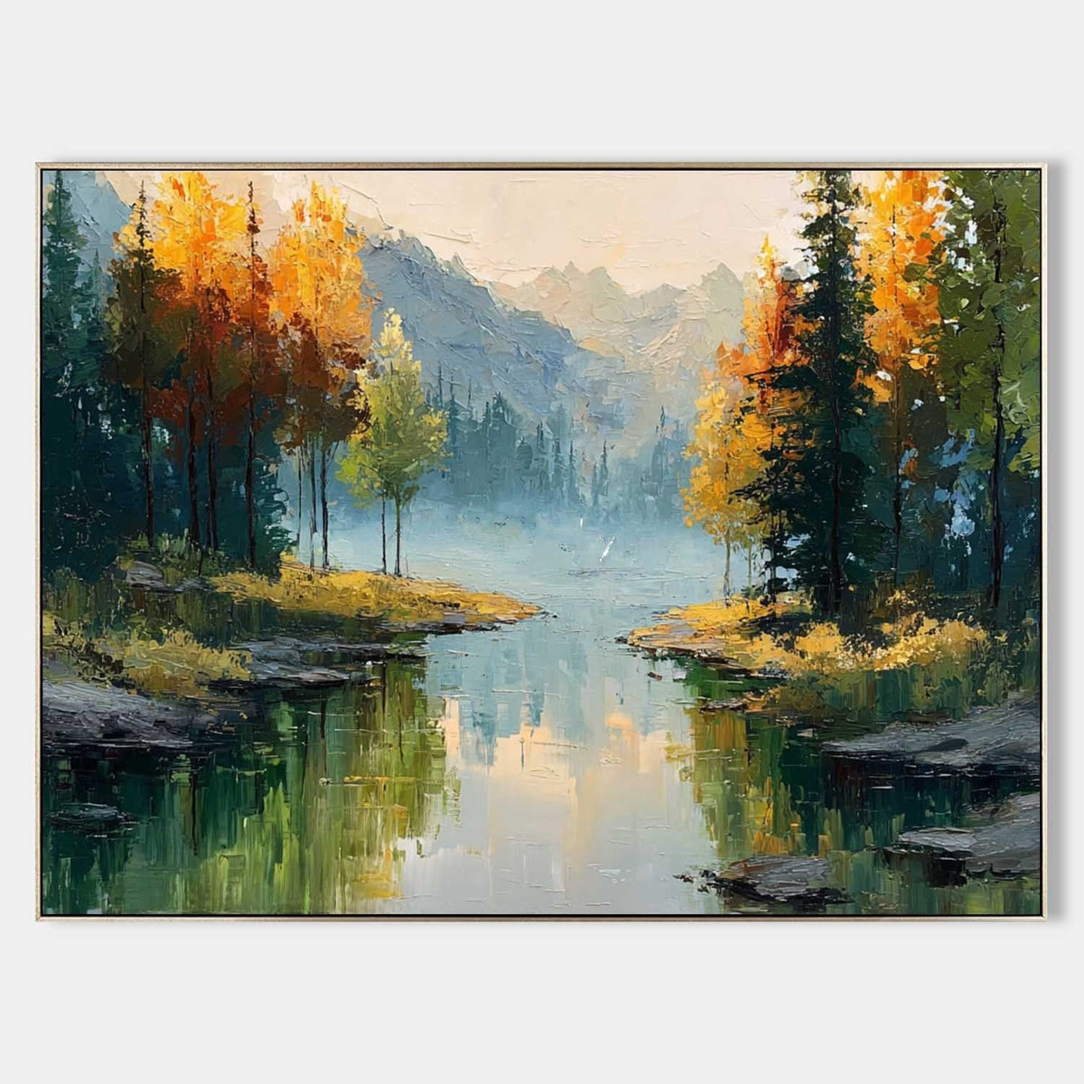 Misty Autumn River Through the Pines