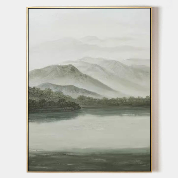 Misty Green Mountains Over Still Lake
