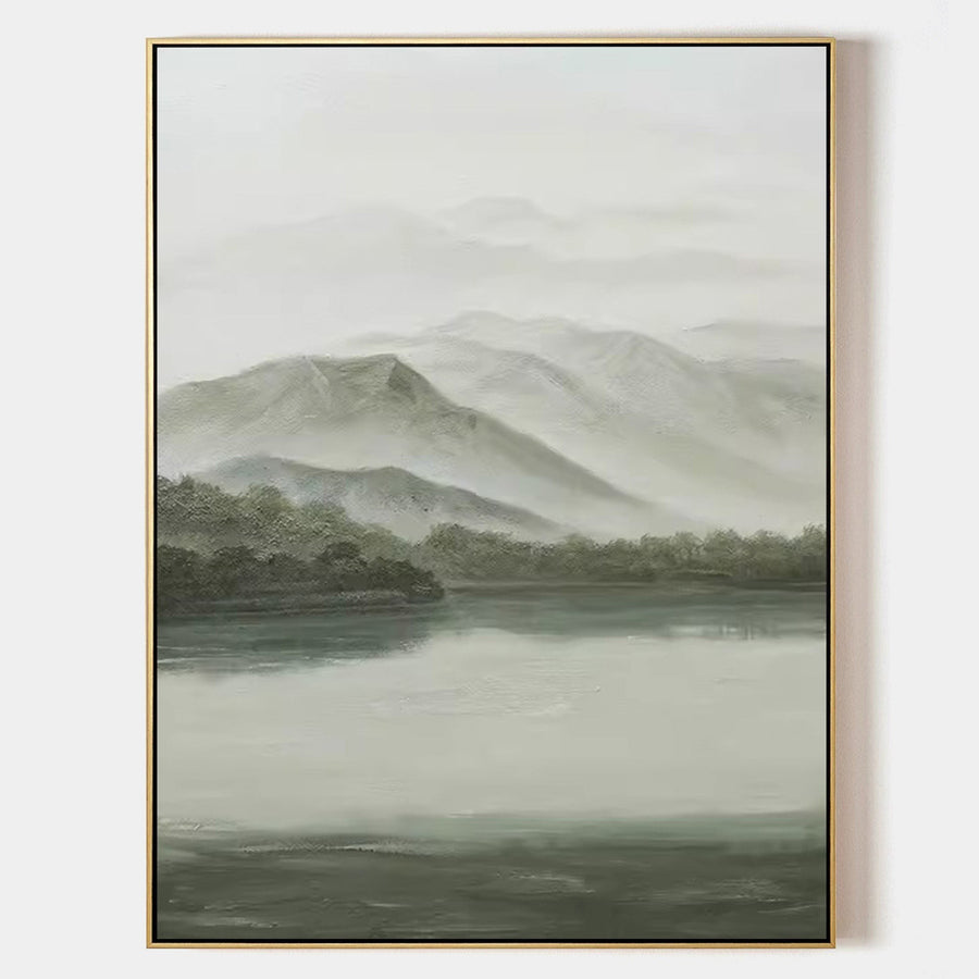Misty Green Mountains Over Still Lake