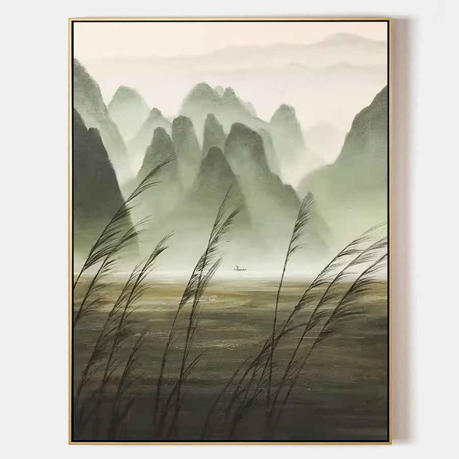 Misty Green Peaks with Swaying Reeds