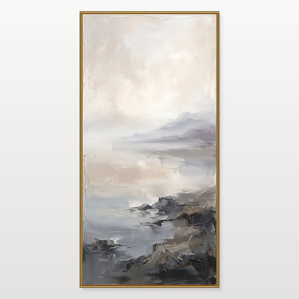 Misty Shoreline Beneath Lavender Peaks