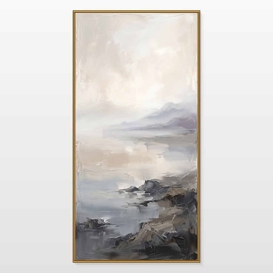 Misty Shoreline Beneath Lavender Peaks