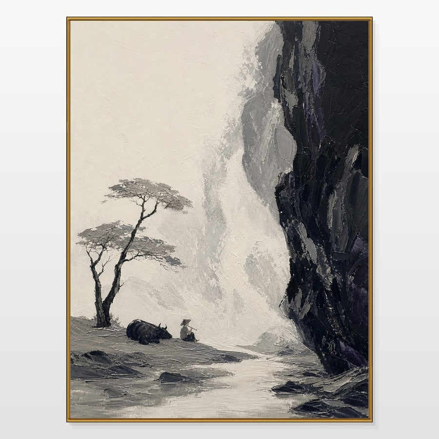 Misty Waterfall Beneath the Dark Cliff