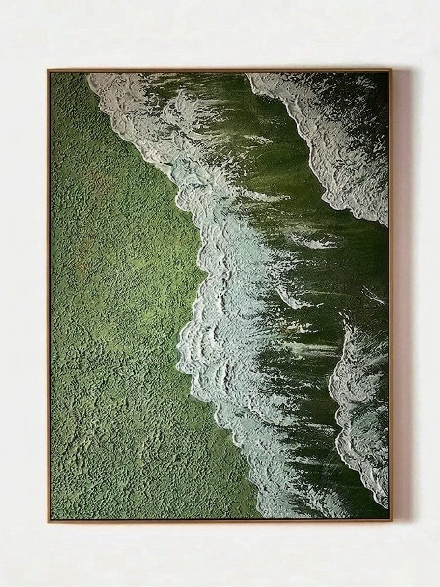 Modern 3D Textured Emerald Green Sea Waves Canvas Wall Art