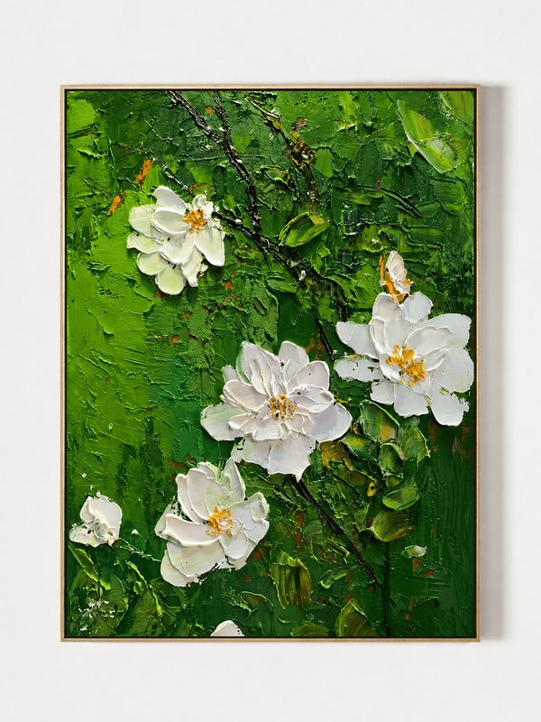Modern 3D Textured Floral Wall Art, White Blossoms in Green