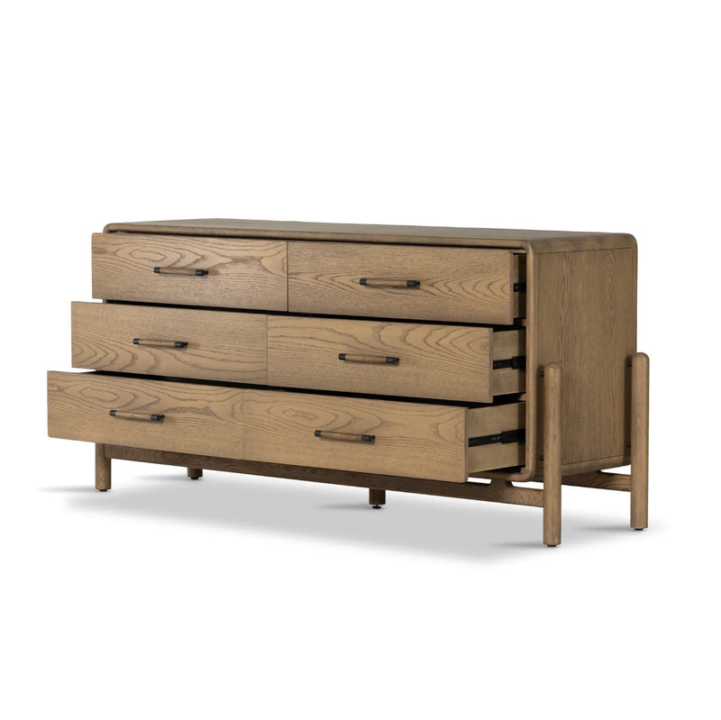 Modern 6-Drawer Dresser – Rounded Corners & Metal Bar Handles