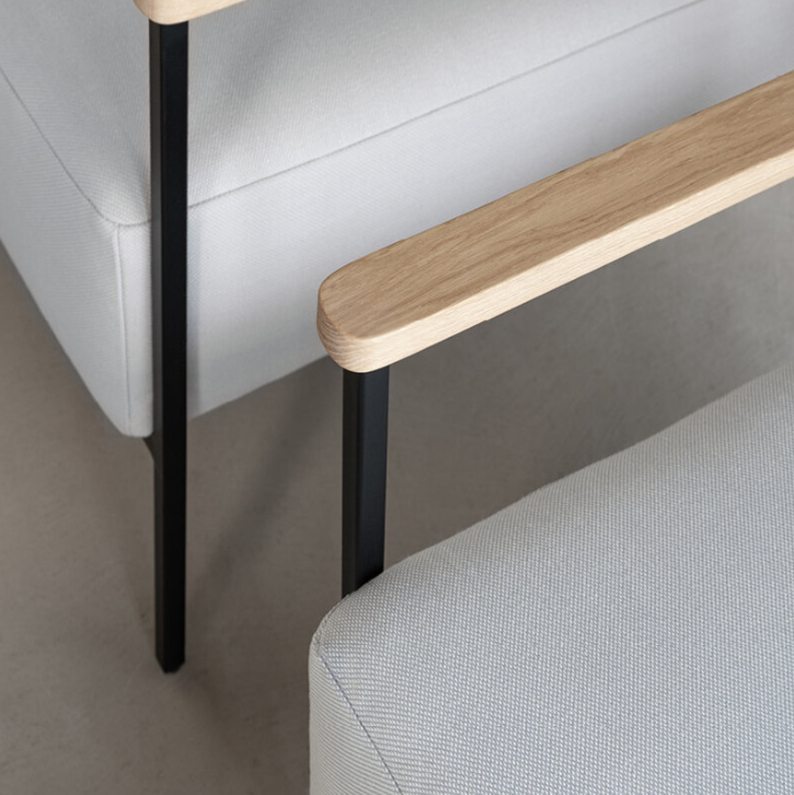 Modern Accent Chair – Black Metal Frame with Natural Wood Armrests & Light Gray Upholstery