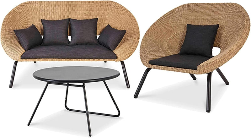 Modern Aluminum & Synthetic Rattan Lounge Set – 3-Piece Outdoor Sofa, Armchair & Coffee Table