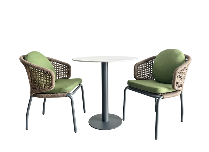 Modern outdoor bistro dining set aluminium rope chairs with green cushions and round table