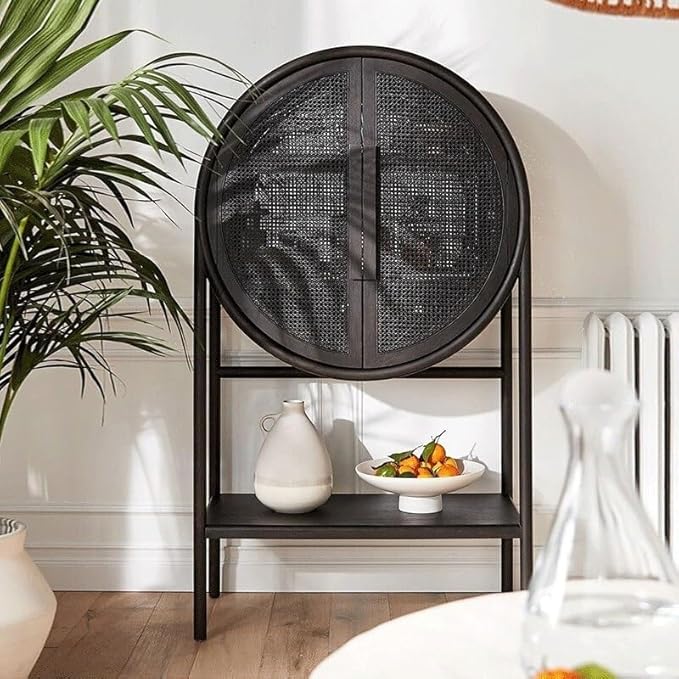 Modern Black Round Cane Cabinet - Main View