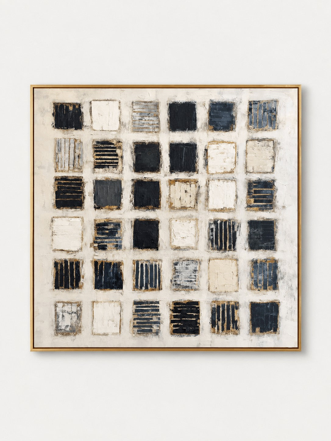 Modern Black & White Textured Square Grid Painting
