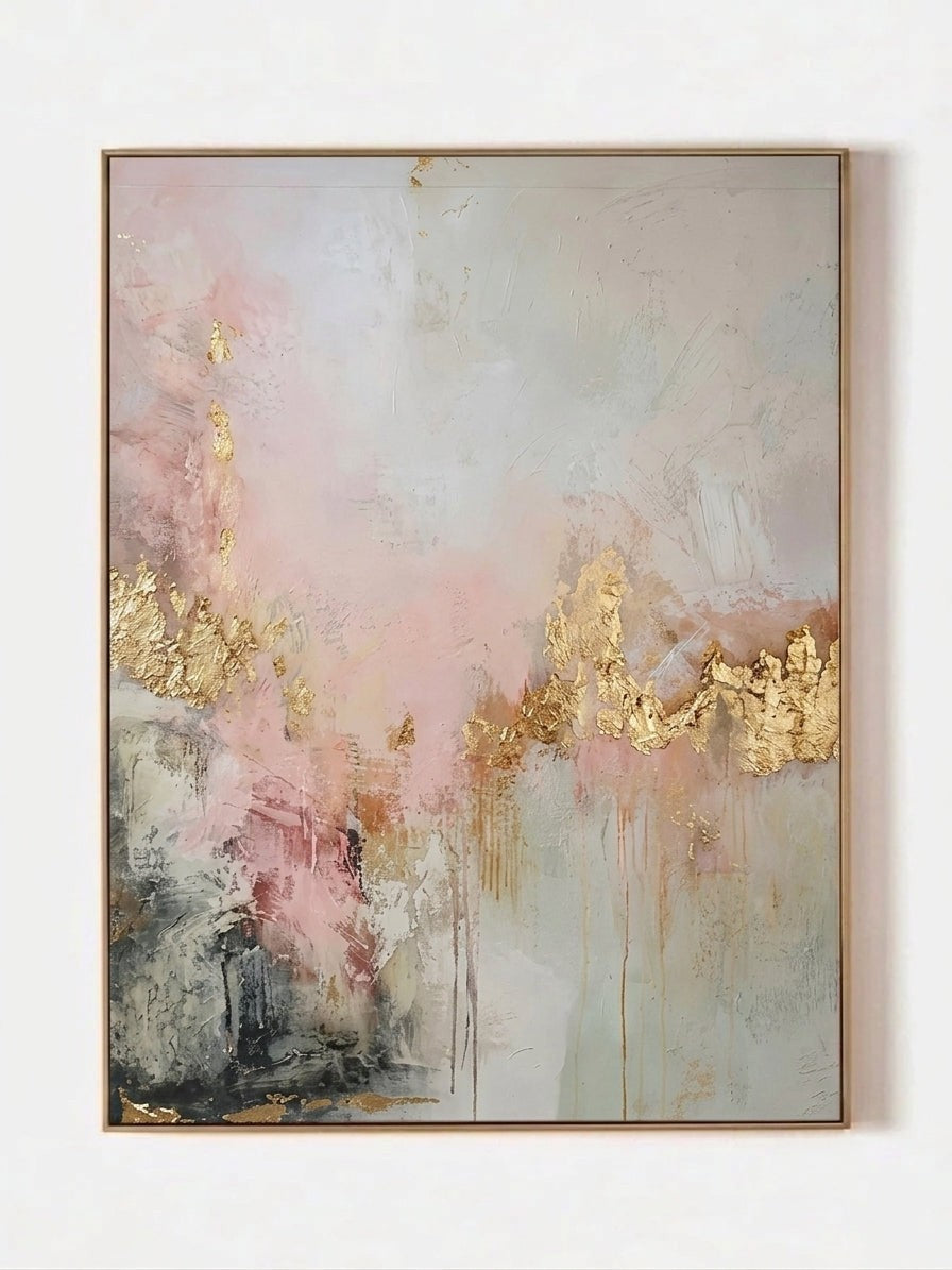 Modern Blush Pink and Gold Leaf Abstract Painting