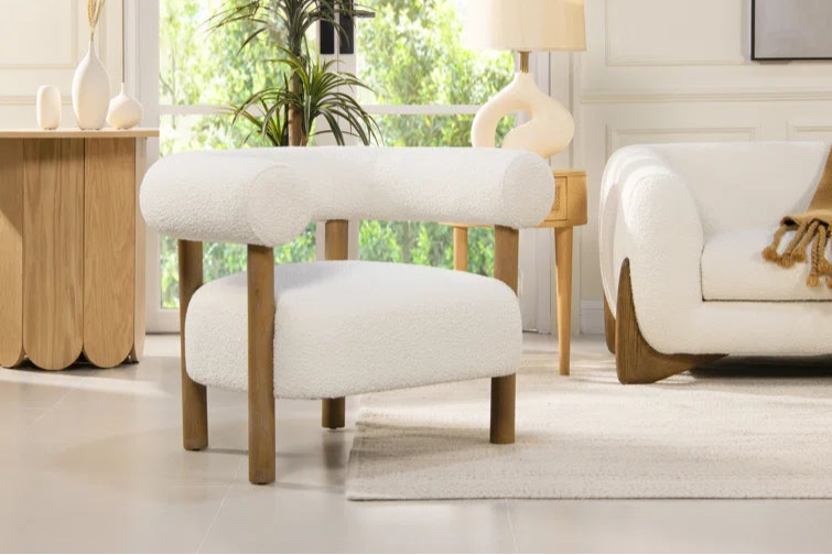 Modern Bouclé Barrel Accent Chair – Sculptural Wood Frame & Plush Upholstery
