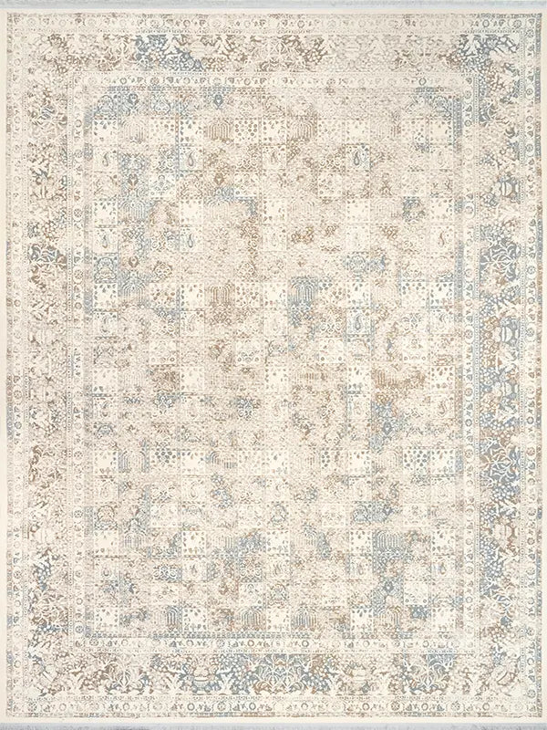 Modern distressed patchwork area rug with soft blue and beige ornate pattern on cream background 2x3m