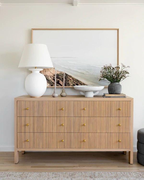 modern fluted dresser 7 Drawer Wood Dresser, 47" Wide Chest with Metal Handles for Bedroom or TV Stand - Natural Crafted with solid wood legs and drawer fronts Modern Fluted Wood Dresser |