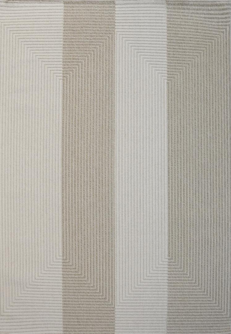 Modern beige optical stripe area rug with geometric 3D illusion pattern in cream and taupe 1.5x2.2m