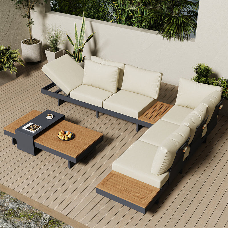 Modern Outdoor Sectional Sofa Set - Adjustable + Olefin + Teak + Aluminum + complete set