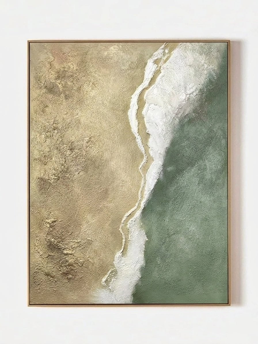 Modern Sage Green Beach 3D Textured Canvas Wall Art