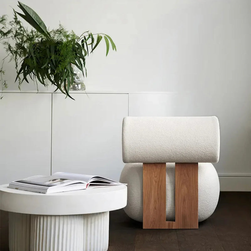 Modern Sculptural Lounge Chair – Contemporary Comfort + Bouclé Fabric + Solid Wood