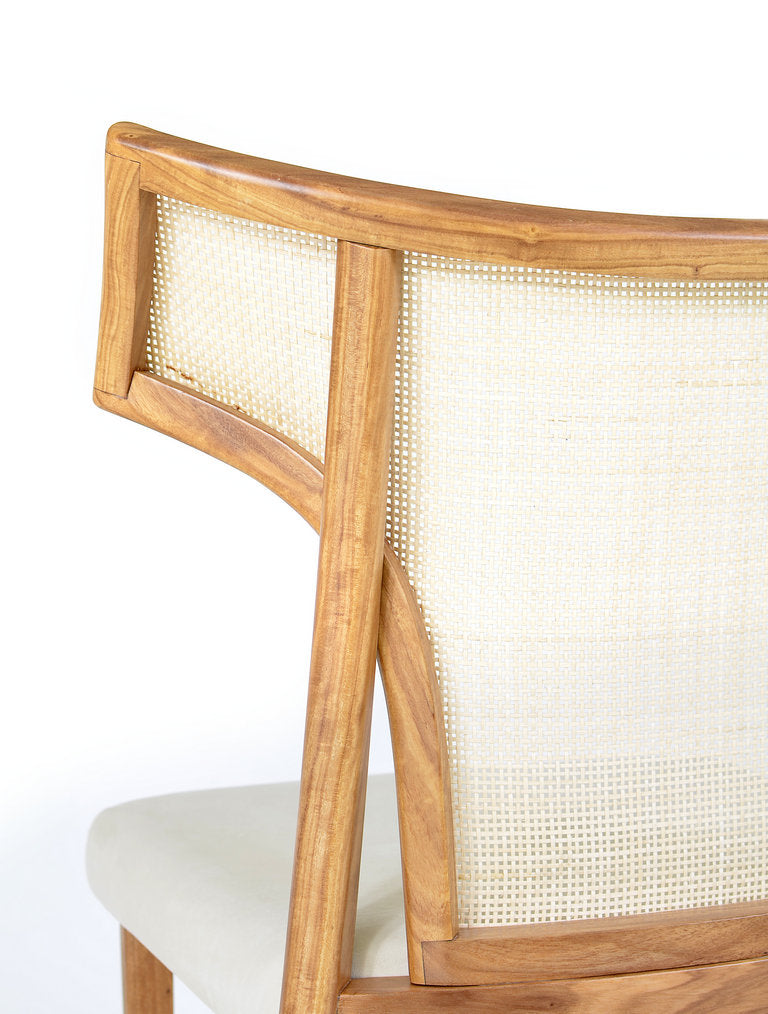Modern Sculptural rattan Back Dining Chair – Natural Wood Frame with Upholstered Seat