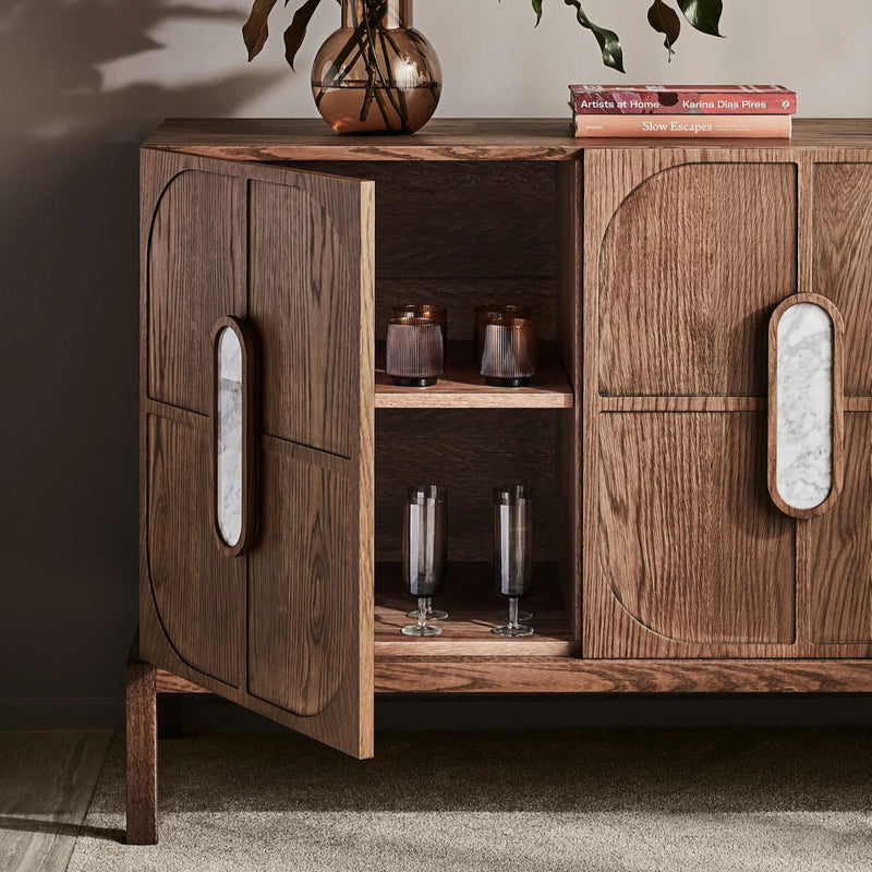 Modern Sculptural Solid wood Sideboard – Rounded Doors with Marble Inset Handles