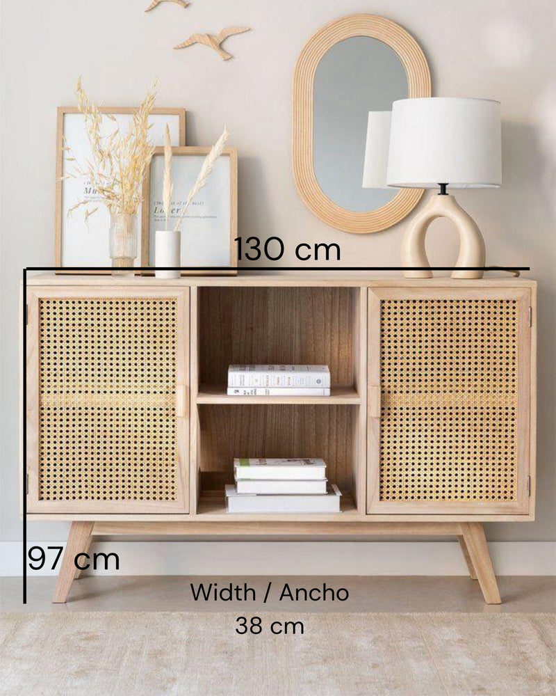 Modern Solid Teak Wood & Rattan Sideboard – Scandinavian-Inspired Rattan Cabinet with Shelves (Copy)