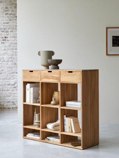 Consola de almacenamiento moderna de madera maciza de teca: organizador de 3 cajones con estantes cúbicos abiertos - Rubio Monocoat Oil