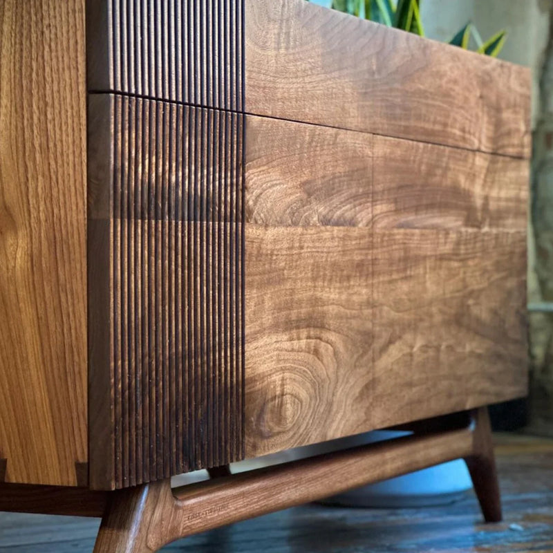 Modern Solid Walnut wood Fluted Sideboard – Sculpted Wood Storage Cabinet with Mid-Century Base