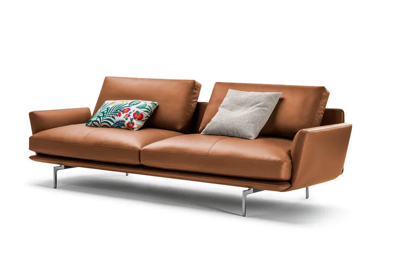 Modern Tan Leather Sofa – Contemporary 3-Seater Couch with Plush Pillows and Metal Legs