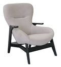 Sculptural taupe lounge chair with black wood arms front view