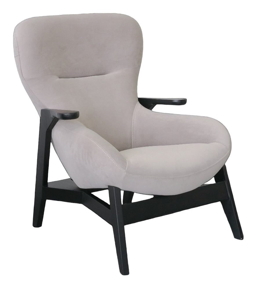 Sculptural taupe lounge chair with black wood arms front view