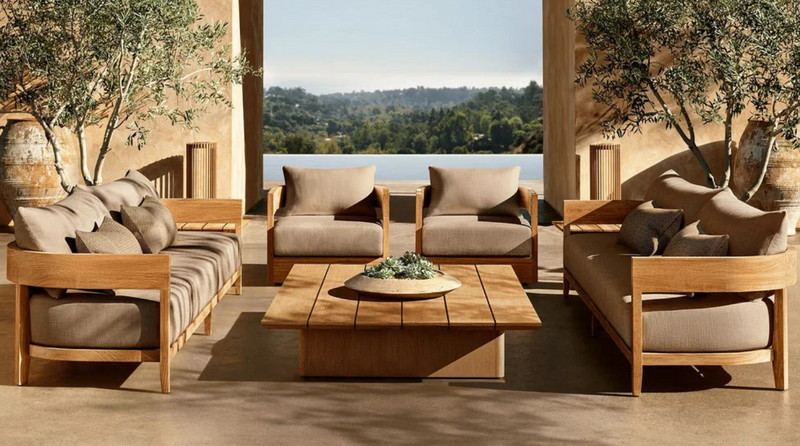 Modern Teak Outdoor Lounge Set – Sculpted Solid Wood with Deep Cushions