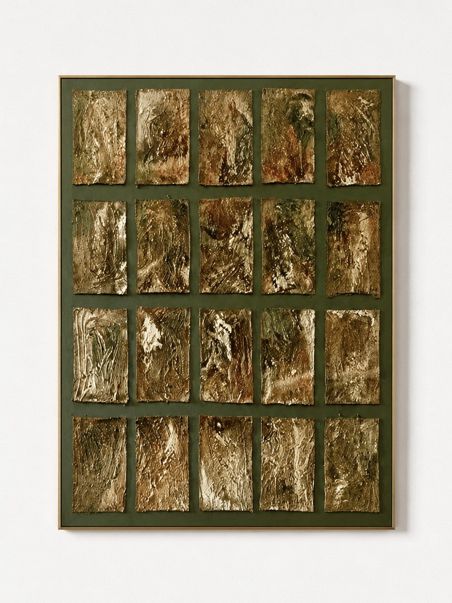 Modern Textured Geometric Wall Art, Gilded Olive Grid
