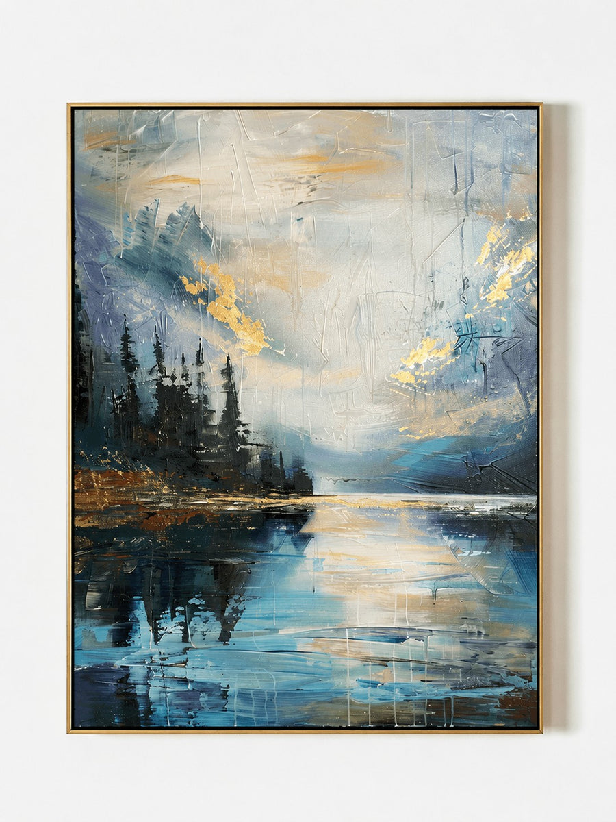 Modern Textured Landscape Wall Art, Golden Mountain Lake
