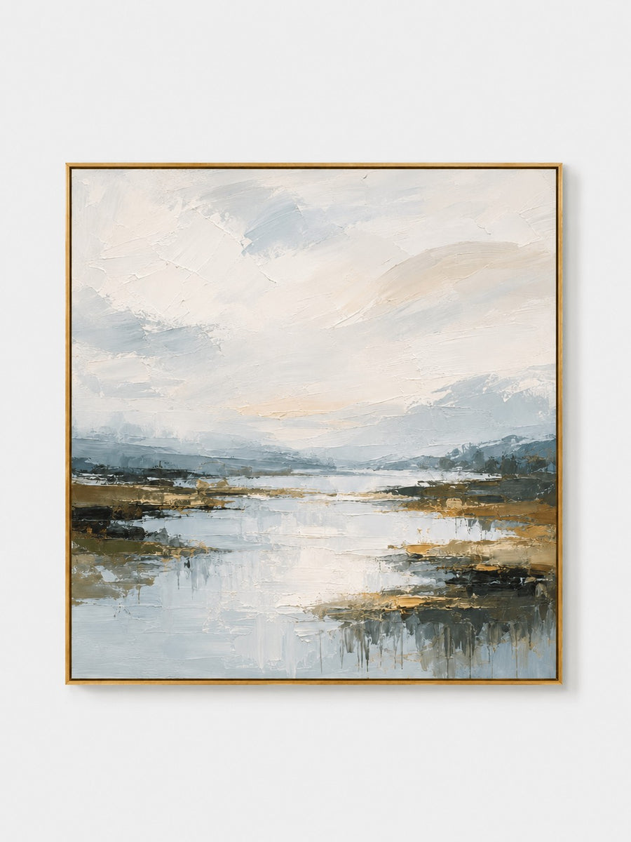 Modern Textured Landscape Wall Art, Quiet Blue River Valley