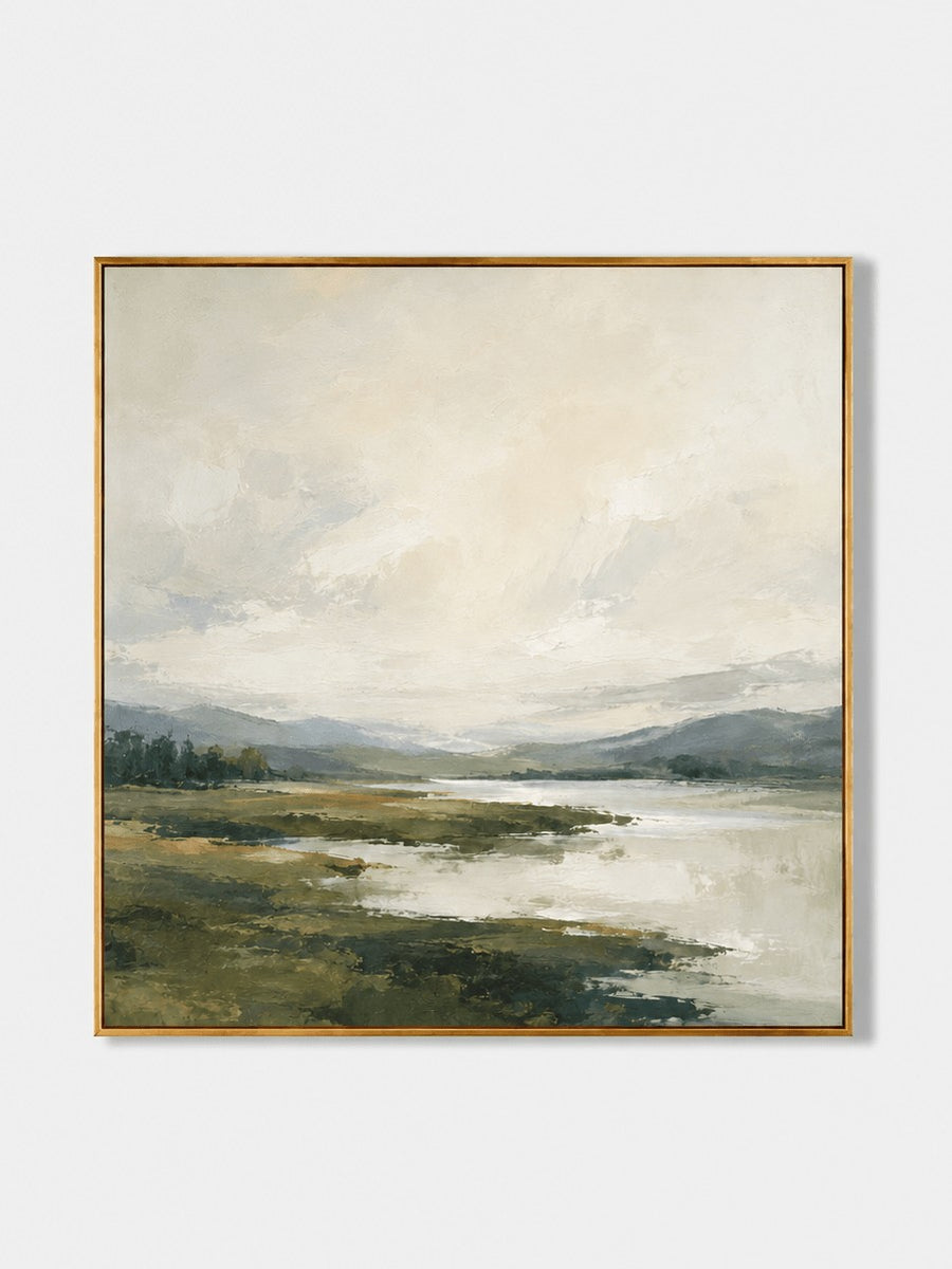Modern Textured Landscape Wall Art, Quiet Green River Valley