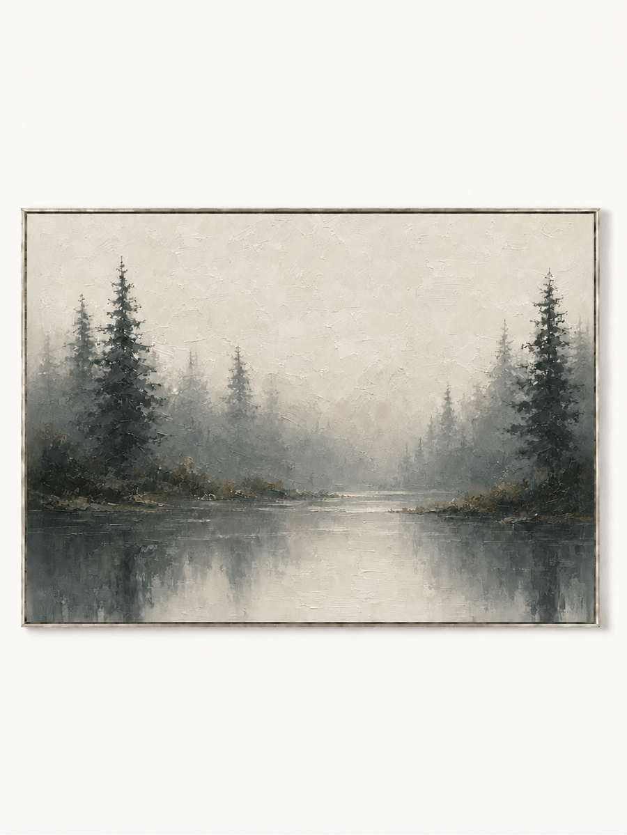 Modern Textured Misty Forest Lake Wall Art