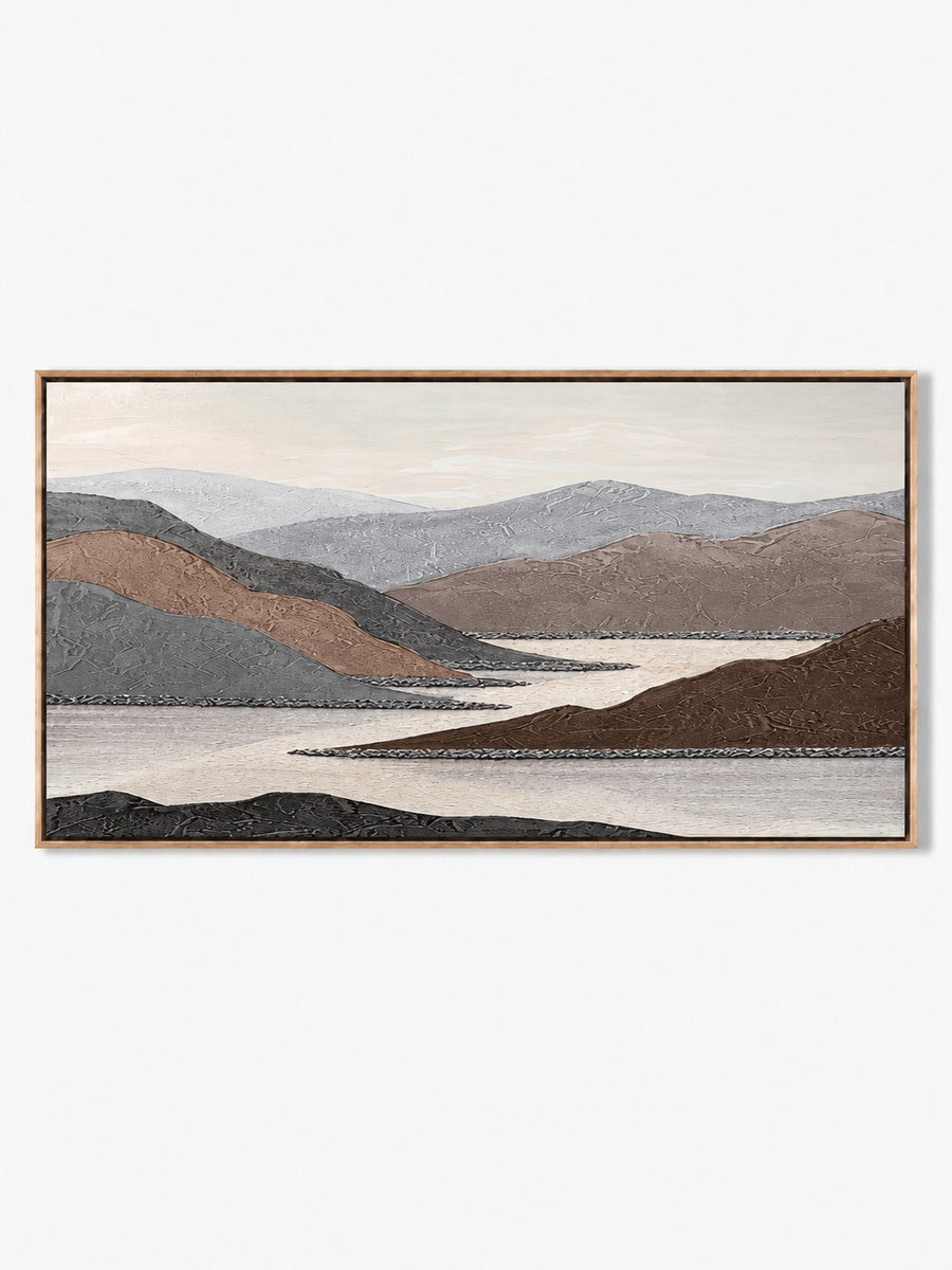 Modern Textured Mountain Landscape Wall Art, Taupe Valley Lake