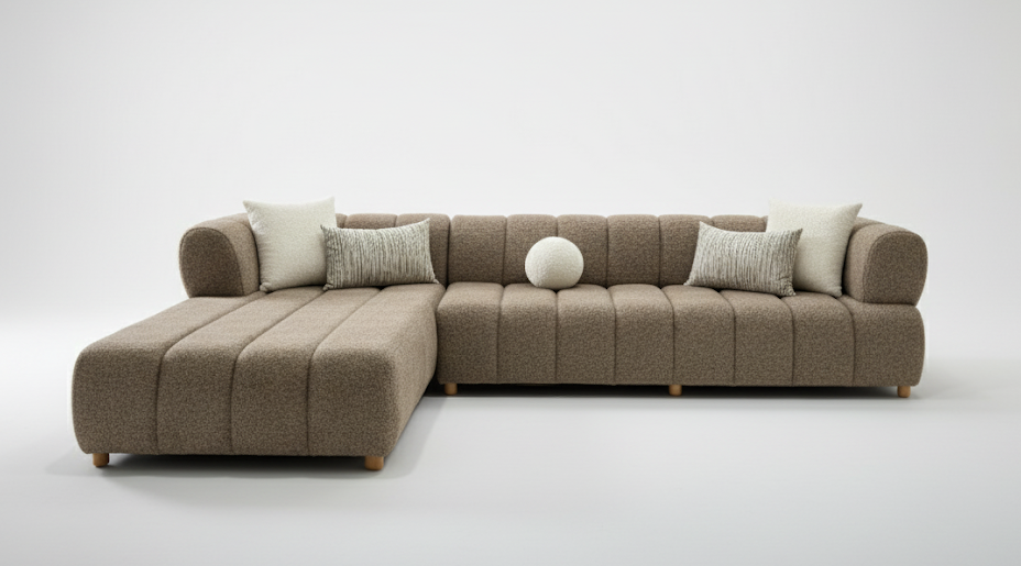 Organic modern interior with a curved bouclé sectional