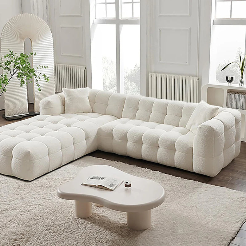 Modern White Tufted Sectional Sofa – Plush Modular Design, Bouclé Upholstery