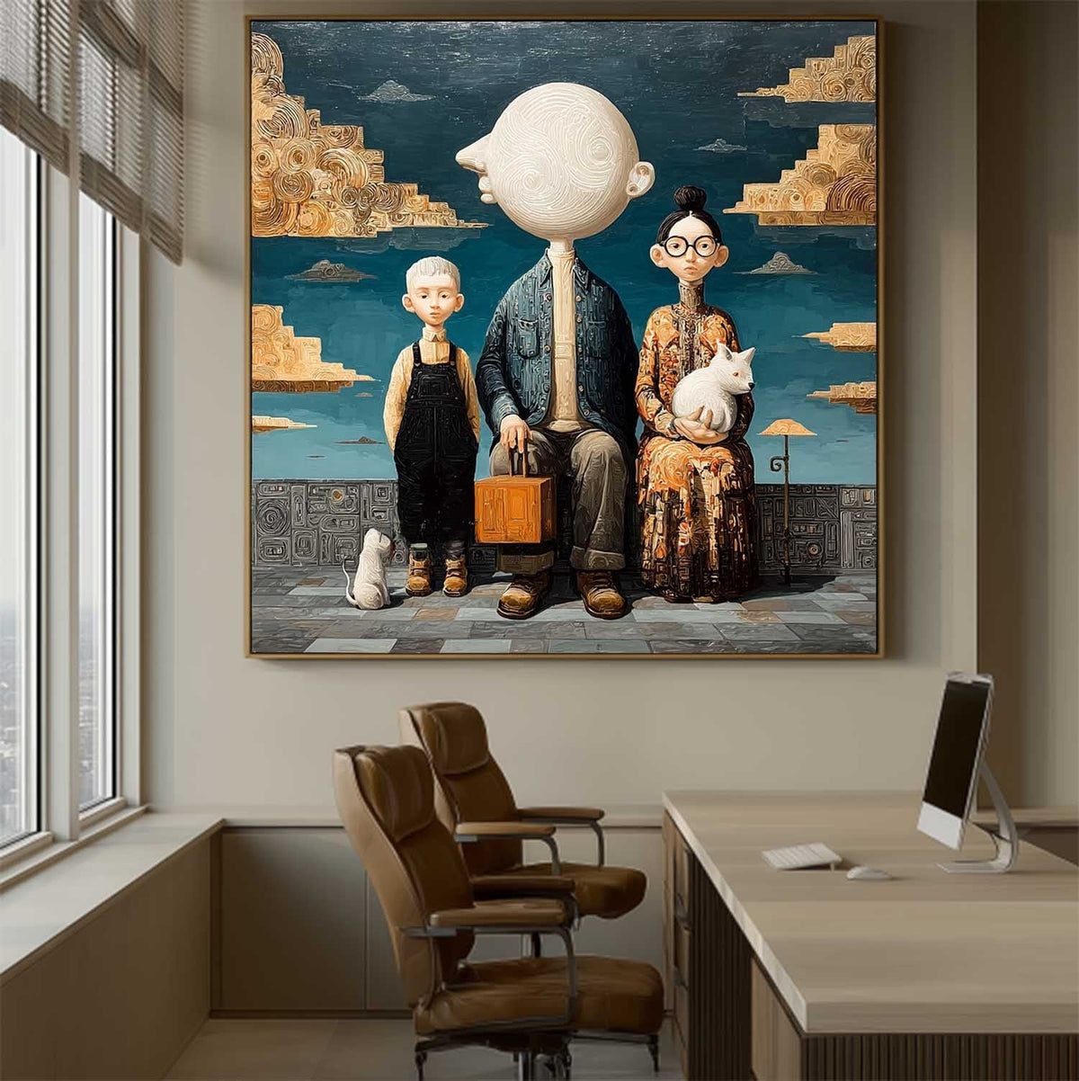 Moon-Headed Family Portrait Under Golden Clouds