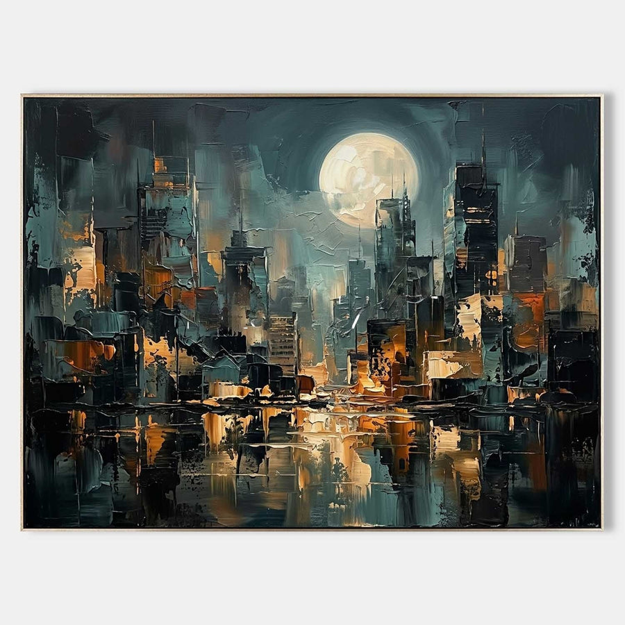 Moonlit City Reflections in Amber
