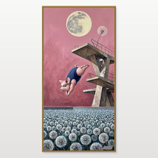 Moonlit Pig Diving into Dandelions