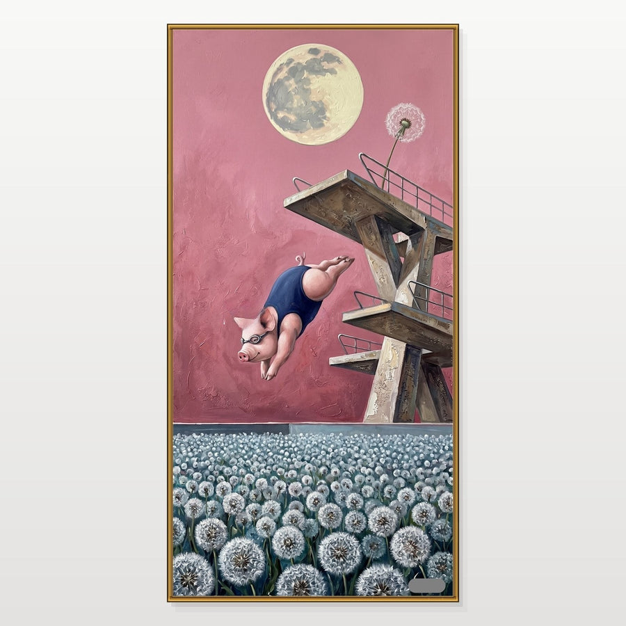Moonlit Pig Diving into Dandelions