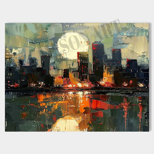 Moonrise Over a Glowing City Harbor