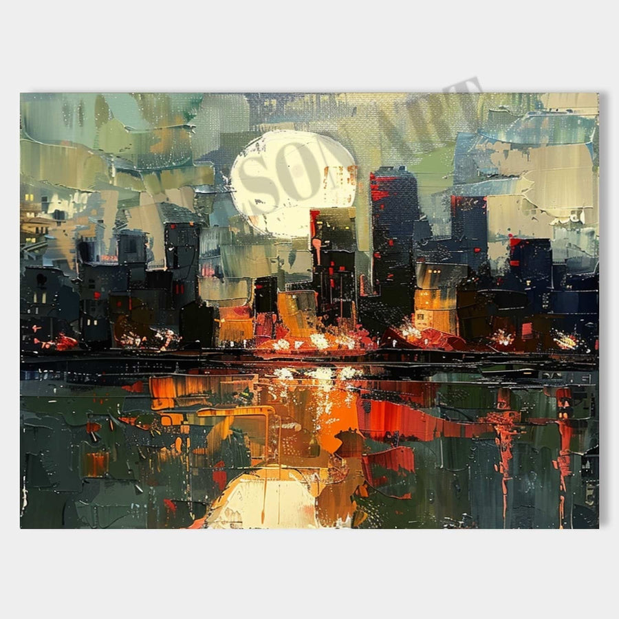 Moonrise Over a Glowing City Harbor