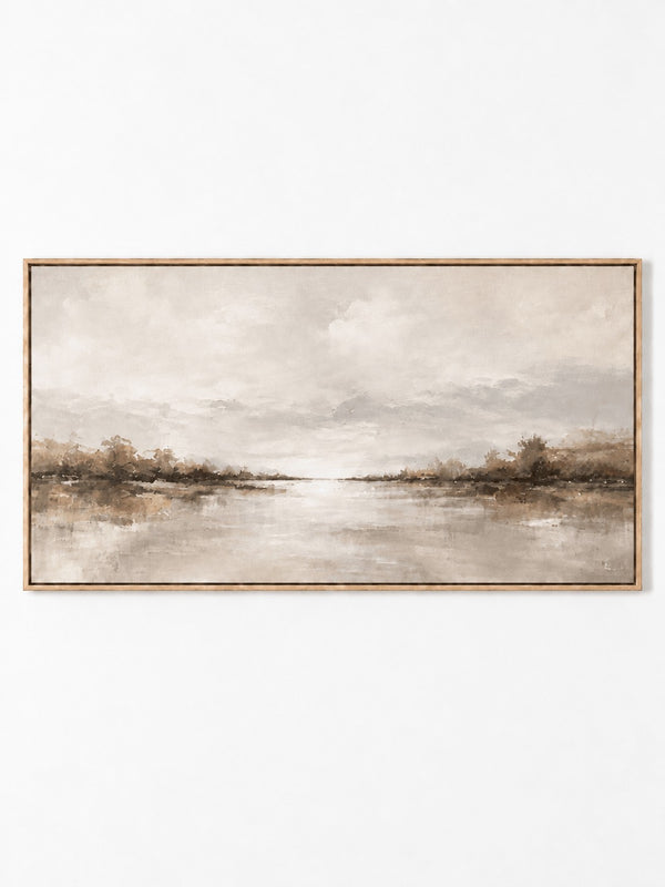Neutral Panoramic Misty Lake Painting